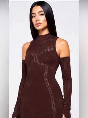 Manière De Voir Sculpt Knit Bodycon Mini Dress Brown Cold Shoulder Size M
